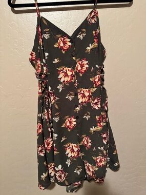 Floral Romper with Side Tie - Gray with Red & Cream Flowers